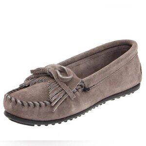 SoftMoc Minnetonka Kilty Moccasins Shoes Suede Leather Flats Gray Fringe 6